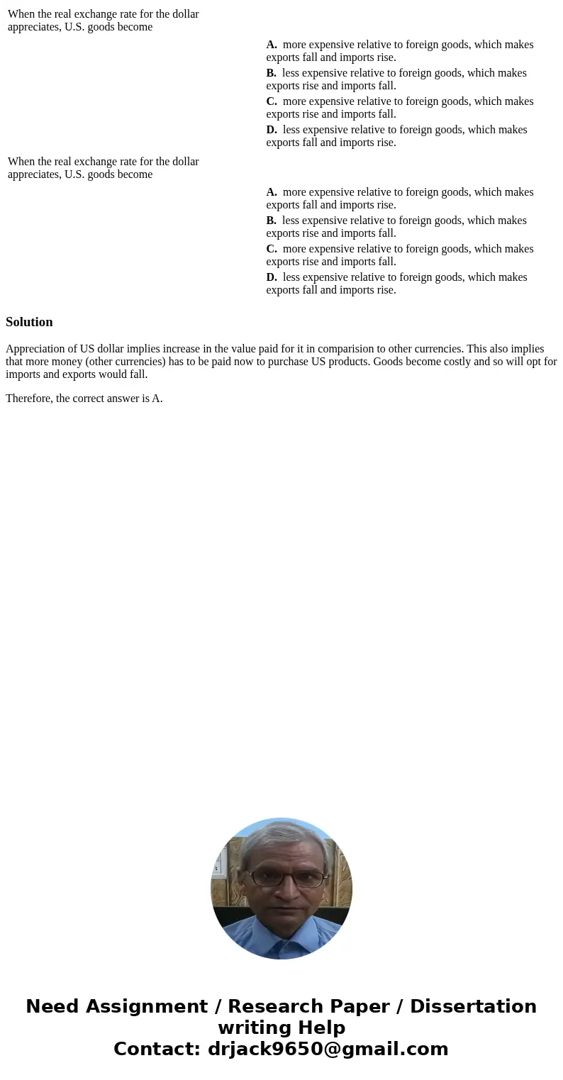  When the real exchange rate for the dollar appreciates, U.S. goods become A. more expensive relative to foreign goods, which makes exports fall and imports ris