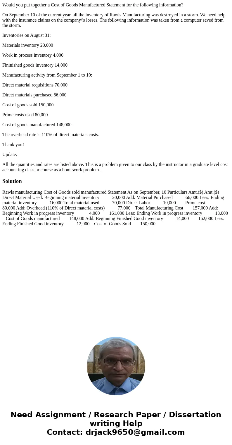 Would you put together a Cost of Goods Manufactured Statement for the following information? On September 10 of the current year, all the inventory of Rawls Man