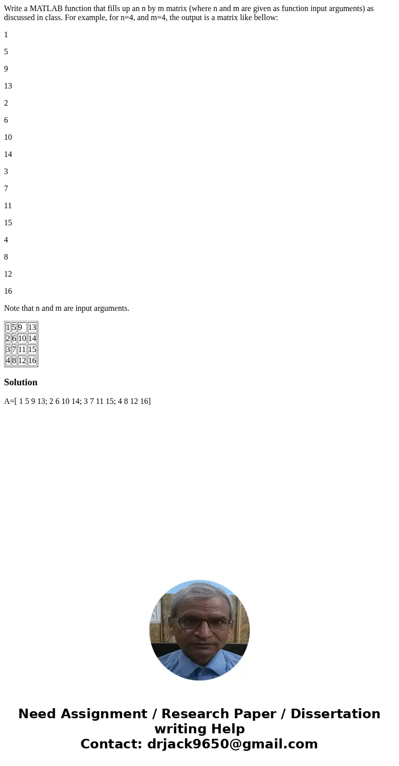 Write a MATLAB function that fills up an n by m matrix (where n and m are given as function input arguments) as discussed in class. For example, for n=4, and m= Write a MATLAB function that fills up an n by m matrix (where n and m are given as function input arguments) as discussed in class. For example, for n=4, and m=