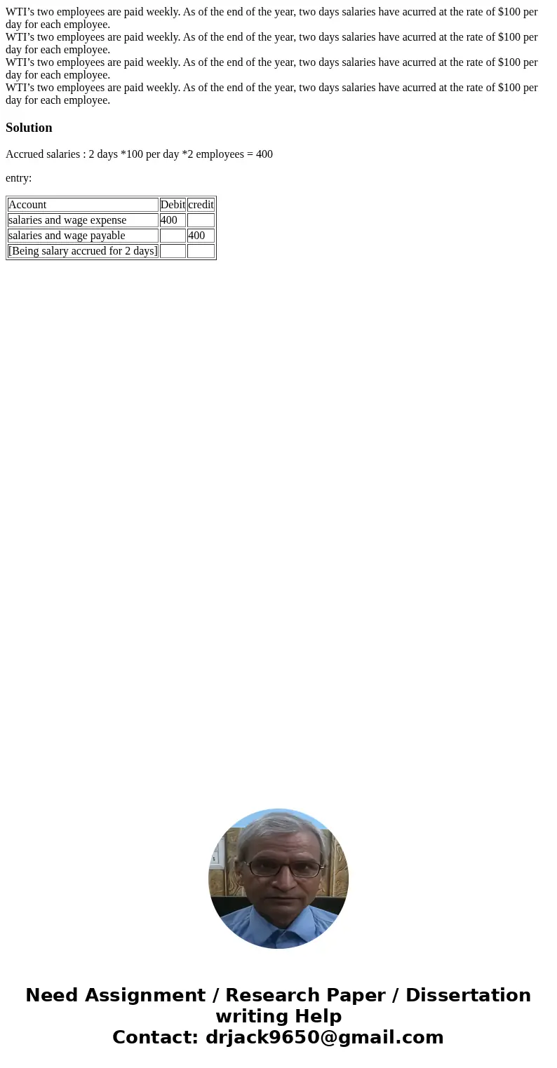 WTI’s two employees are paid weekly. As of the end of the year, two days salaries have acurred at the rate of $100 per day for each employee. WTI’s two employe  WTI’s two employees are paid weekly. As of the end of the year, two days salaries have acurred at the rate of $100 per day for each employee. WTI’s two employe
