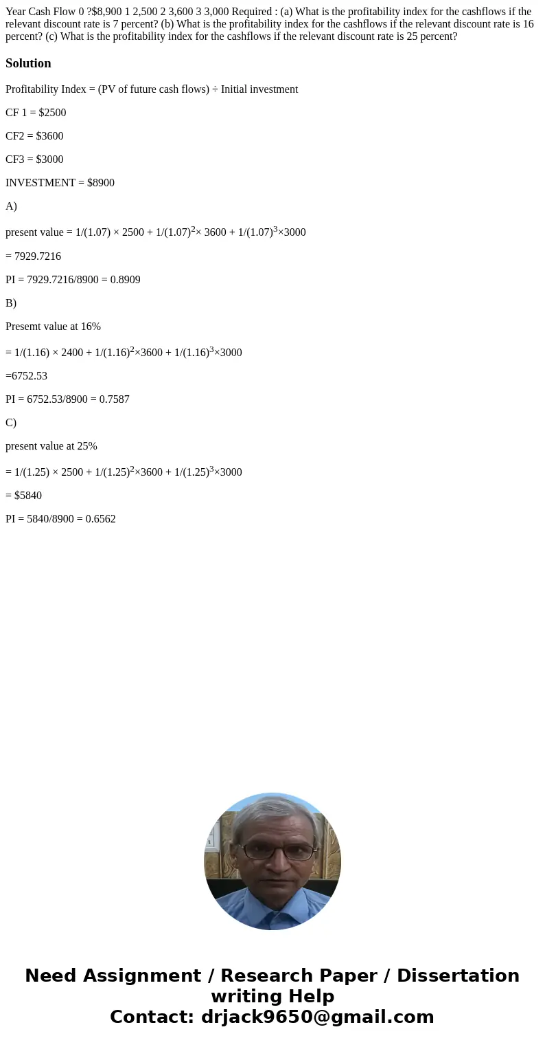 Year Cash Flow 0 ?$8,900 1 2,500 2 3,600 3 3,000 Required : (a) What is the profitability index for the cashflows if the relevant discount rate is 7 percent? (b