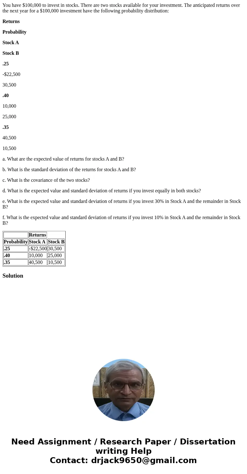 You have $100,000 to invest in stocks. There are two stocks available for your investment. The anticipated returns over the next year for a $100,000 investment 