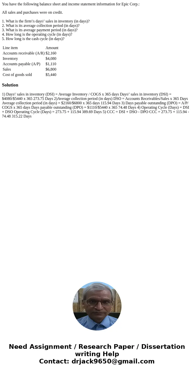 You have the following balance sheet and income statement information for Epic Corp.: All sales and purchases were on credit. 1. What is the firm\'s days\' sale You have the following balance sheet and income statement information for Epic Corp.: All sales and purchases were on credit. 1. What is the firm\'s days\' sale