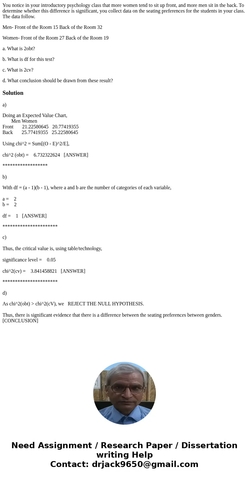 You notice in your introductory psychology class that more women tend to sit up front, and more men sit in the back. To determine whether this difference is sig You notice in your introductory psychology class that more women tend to sit up front, and more men sit in the back. To determine whether this difference is sig