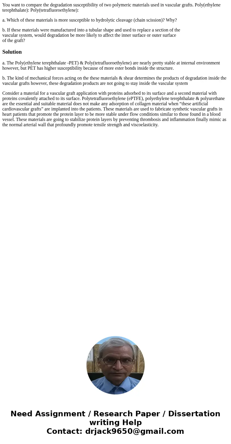 You want to compare the degradation susceptibility of two polymeric materials used in vascular grafts. Poly(ethylene terephthalate): Poly(tetrafluoroethylene):  You want to compare the degradation susceptibility of two polymeric materials used in vascular grafts. Poly(ethylene terephthalate): Poly(tetrafluoroethylene):