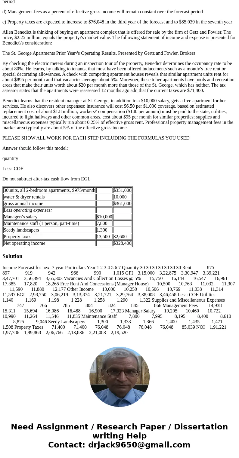 1) For the following situation, develop a seven-year forecast of net operating income for the St. George Apartments, incporating the following assumptions: a) P 1) For the following situation, develop a seven-year forecast of net operating income for the St. George Apartments, incporating the following assumptions: a) P