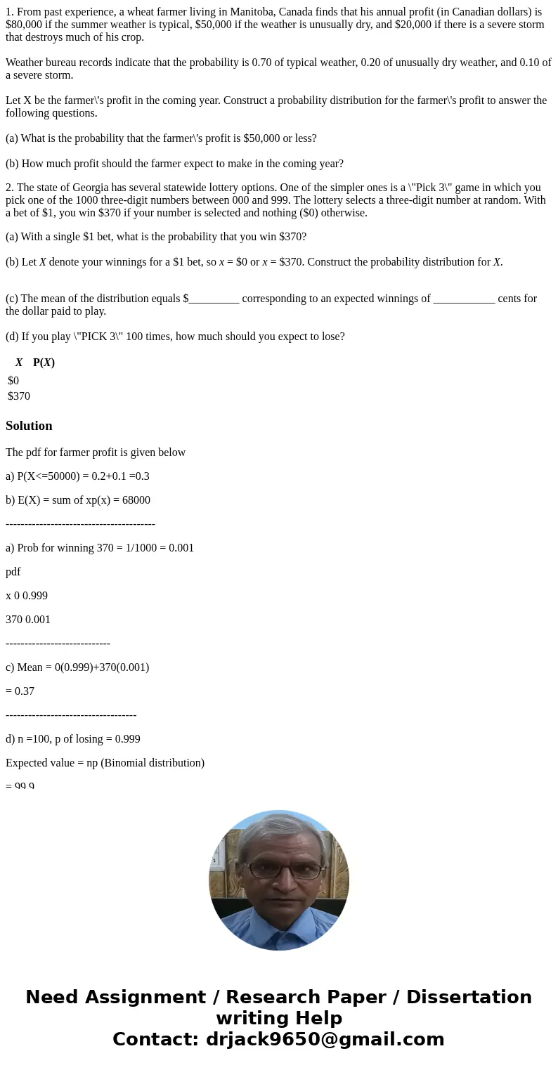 1. From past experience, a wheat farmer living in Manitoba, Canada finds that his annual profit (in Canadian dollars) is $80,000 if the summer weather is typica