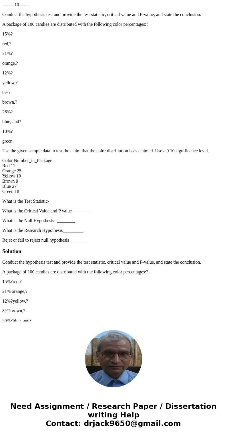--------10------ Conduct the hypothesis test and provide the test statistic, critical value and P-value, and state the conclusion. A package of 100 candies are 