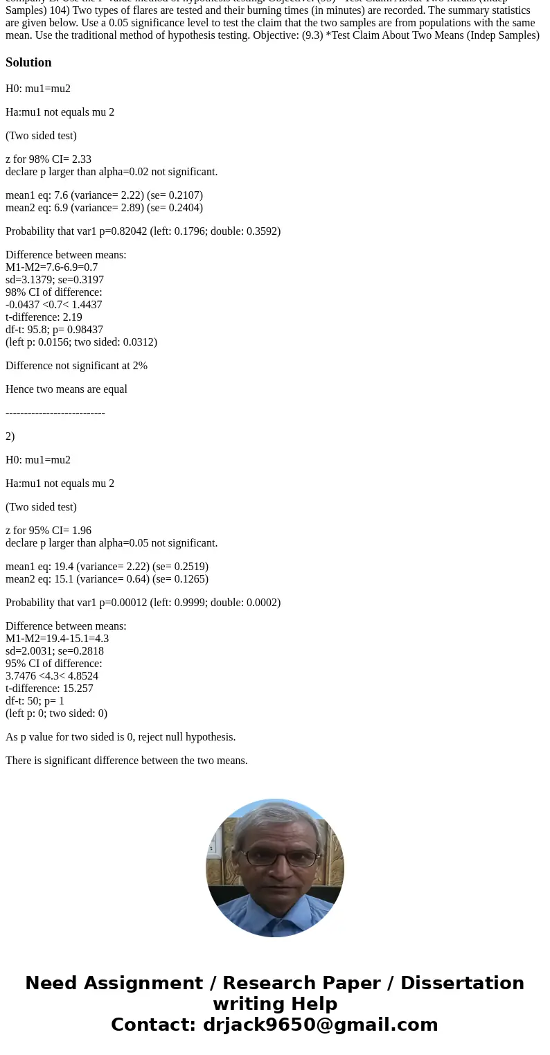 103) A researcher was interested in comparing the response times of two different cab companies. Companies A and B were each called at 50 randomly selected tim  103) A researcher was interested in comparing the response times of two different cab companies. Companies A and B were each called at 50 randomly selected tim