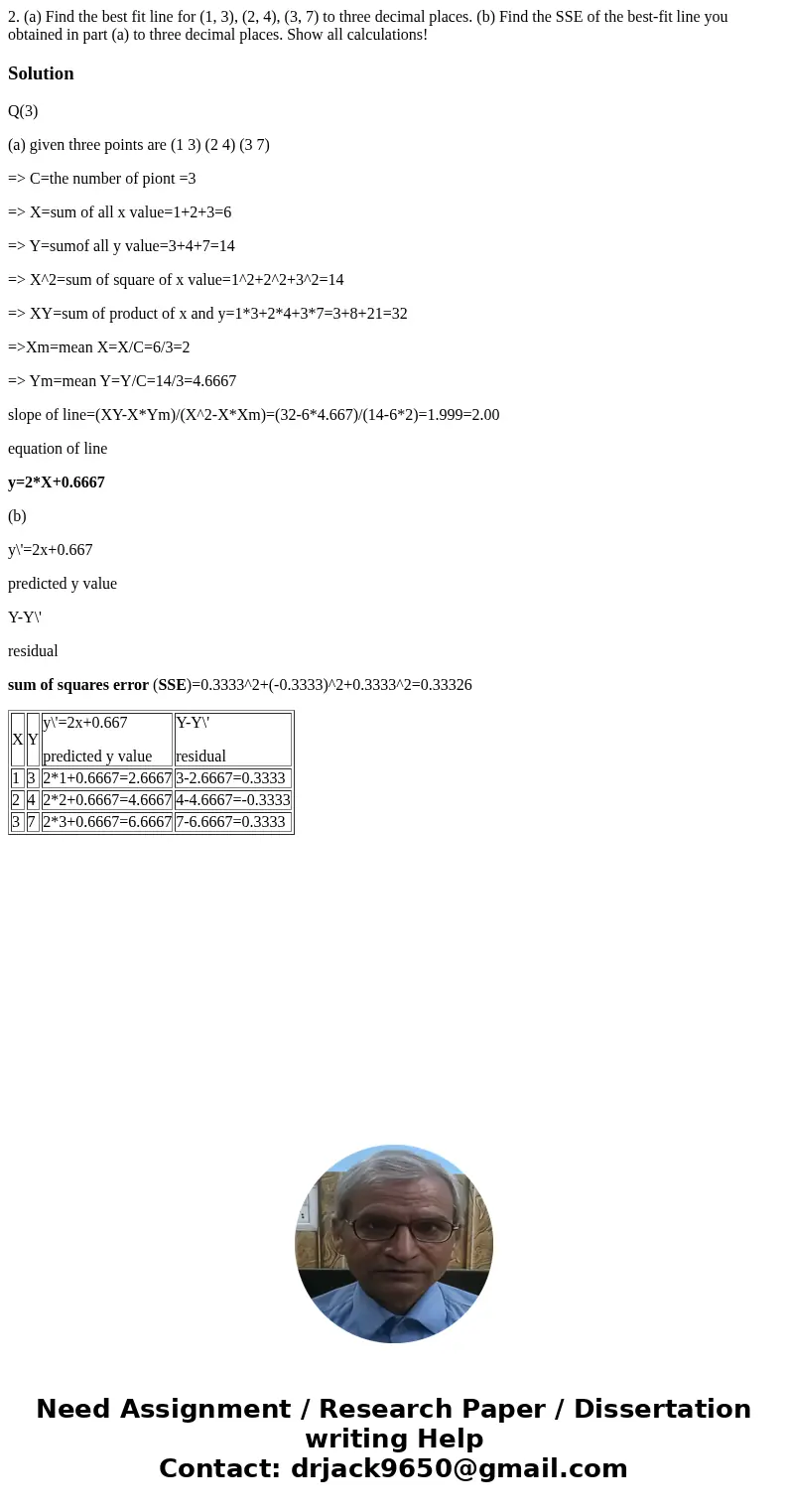 2. (a) Find the best fit line for (1, 3), (2, 4), (3, 7) to three decimal places. (b) Find the SSE of the best-fit line you obtained in part (a) to three decim  2. (a) Find the best fit line for (1, 3), (2, 4), (3, 7) to three decimal places. (b) Find the SSE of the best-fit line you obtained in part (a) to three decim
