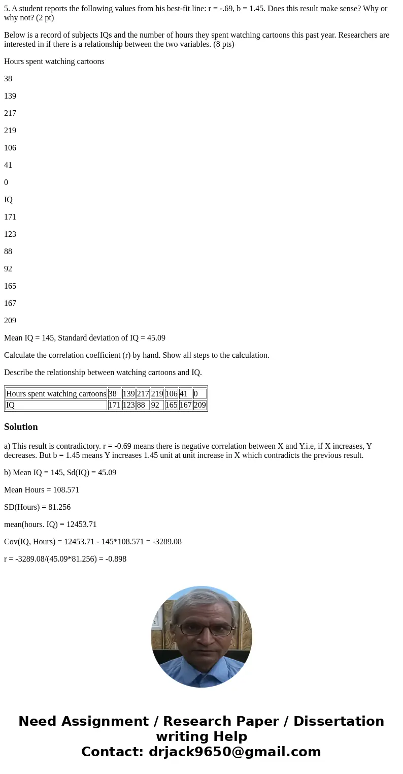5. A student reports the following values from his best-fit line: r = -.69, b = 1.45. Does this result make sense? Why or why not? (2 pt) Below is a record of s 5. A student reports the following values from his best-fit line: r = -.69, b = 1.45. Does this result make sense? Why or why not? (2 pt) Below is a record of s