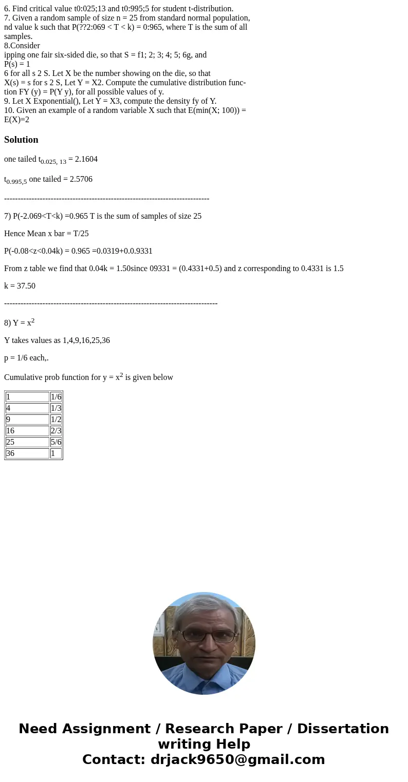 6. Find critical value t0:025;13 and t0:995;5 for student t-distribution. 7. Given a random sample of size n = 25 from standard normal population, nd value k su 6. Find critical value t0:025;13 and t0:995;5 for student t-distribution. 7. Given a random sample of size n = 25 from standard normal population, nd value k su
