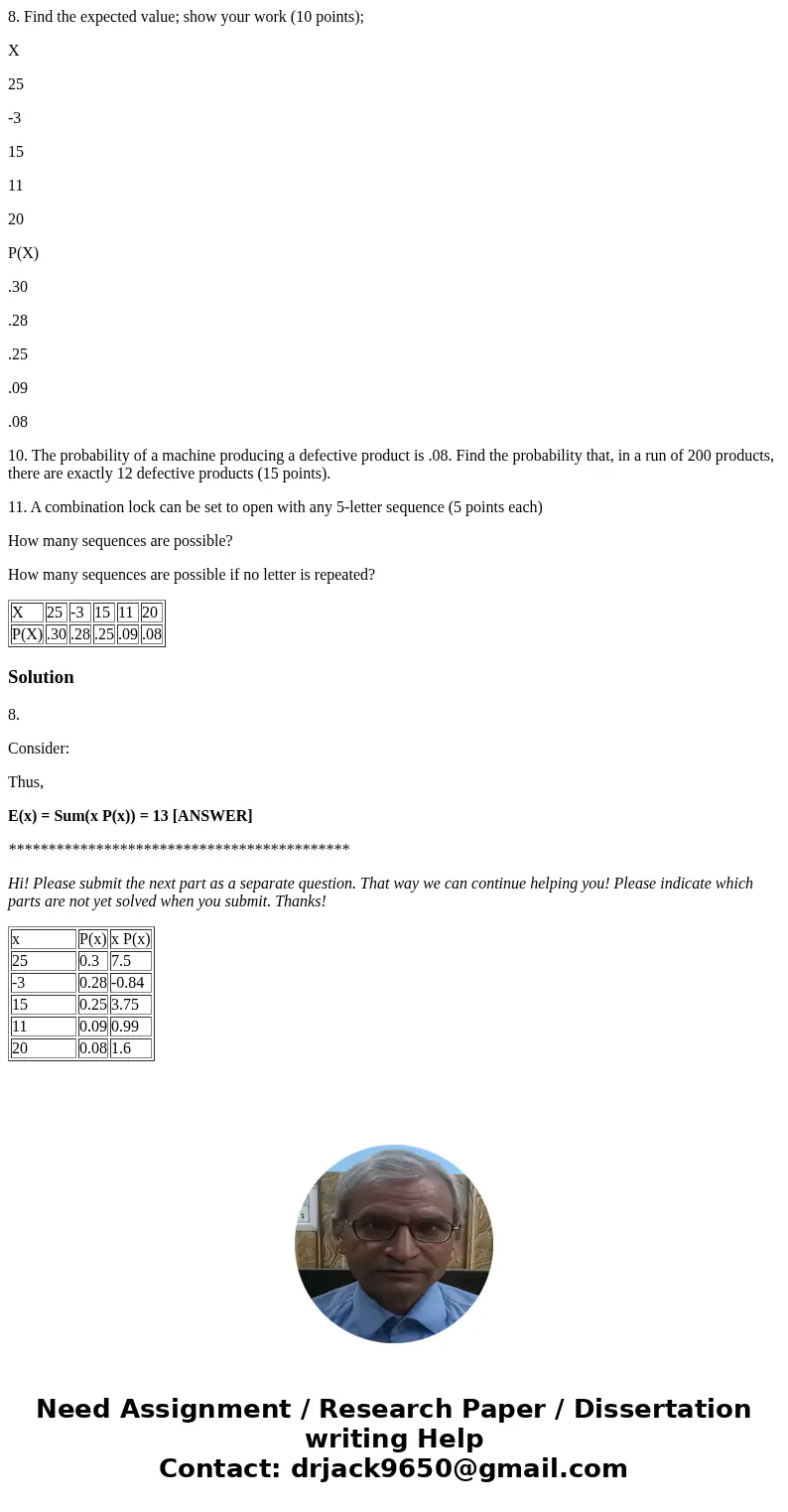 8. Find the expected value; show your work (10 points); X 25 -3 15 11 20 P(X) .30 .28 .25 .09 .08 10. The probability of a machine producing a defective product 8. Find the expected value; show your work (10 points); X 25 -3 15 11 20 P(X) .30 .28 .25 .09 .08 10. The probability of a machine producing a defective product