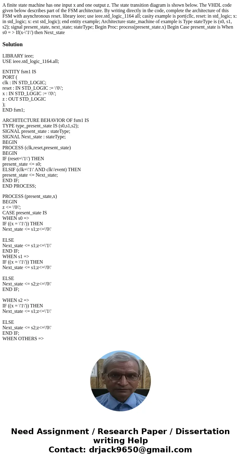 A finite state machine has one input x and one output z. The state transition diagram is shown below. The VHDL code given below describes part of the FSM archi  A finite state machine has one input x and one output z. The state transition diagram is shown below. The VHDL code given below describes part of the FSM archi