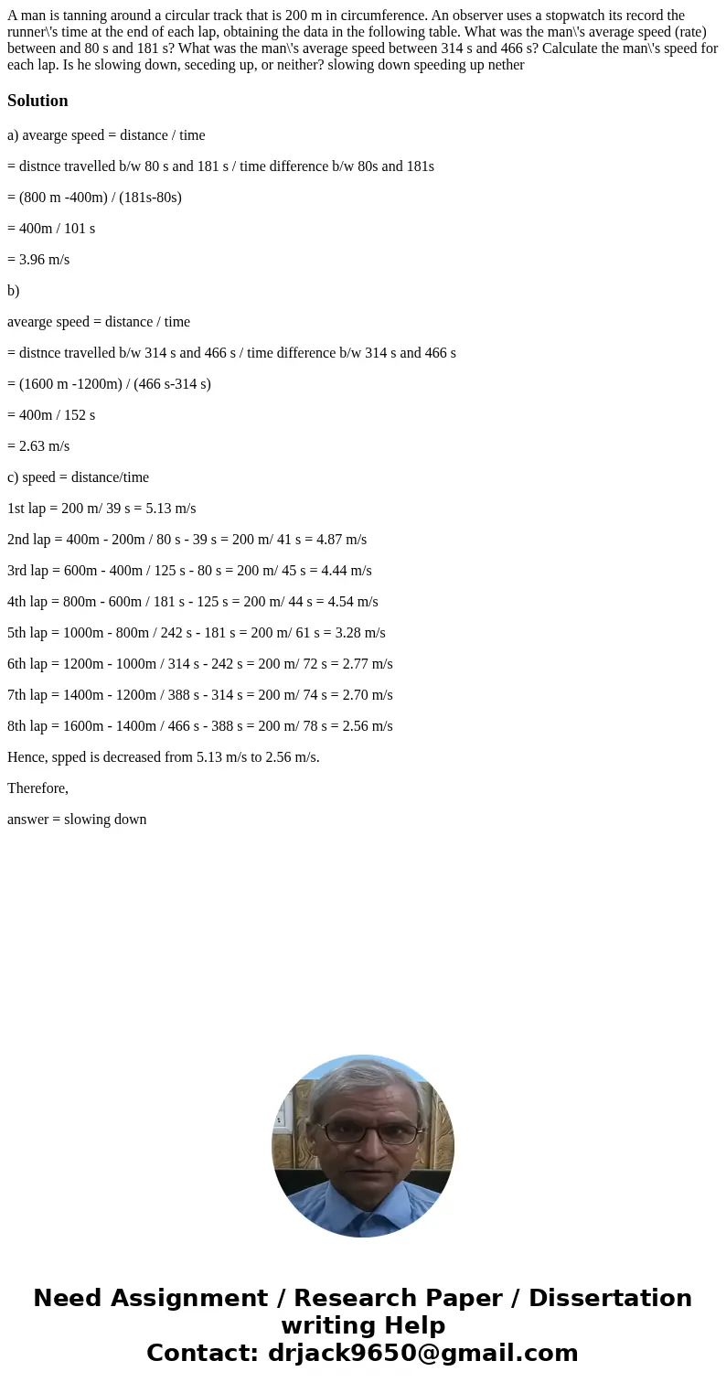 A man is tanning around a circular track that is 200 m in circumference. An observer uses a stopwatch its record the runner\'s time at the end of each lap, obt  A man is tanning around a circular track that is 200 m in circumference. An observer uses a stopwatch its record the runner\'s time at the end of each lap, obt