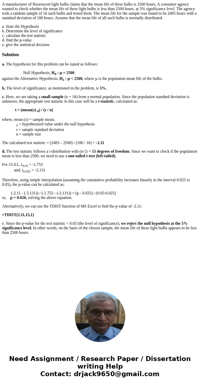 A manufacturer of fluorescent light bulbs claims that the mean life of these bulbs is 2500 hours. A consumer agency wanted to check whether the mean life of the A manufacturer of fluorescent light bulbs claims that the mean life of these bulbs is 2500 hours. A consumer agency wanted to check whether the mean life of the