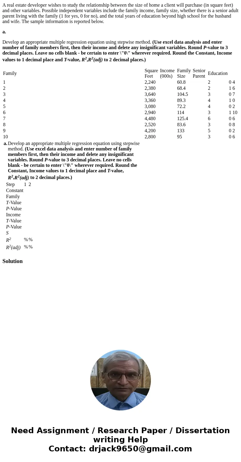 A real estate developer wishes to study the relationship between the size of home a client will purchase (in square feet) and other variables. Possible independ