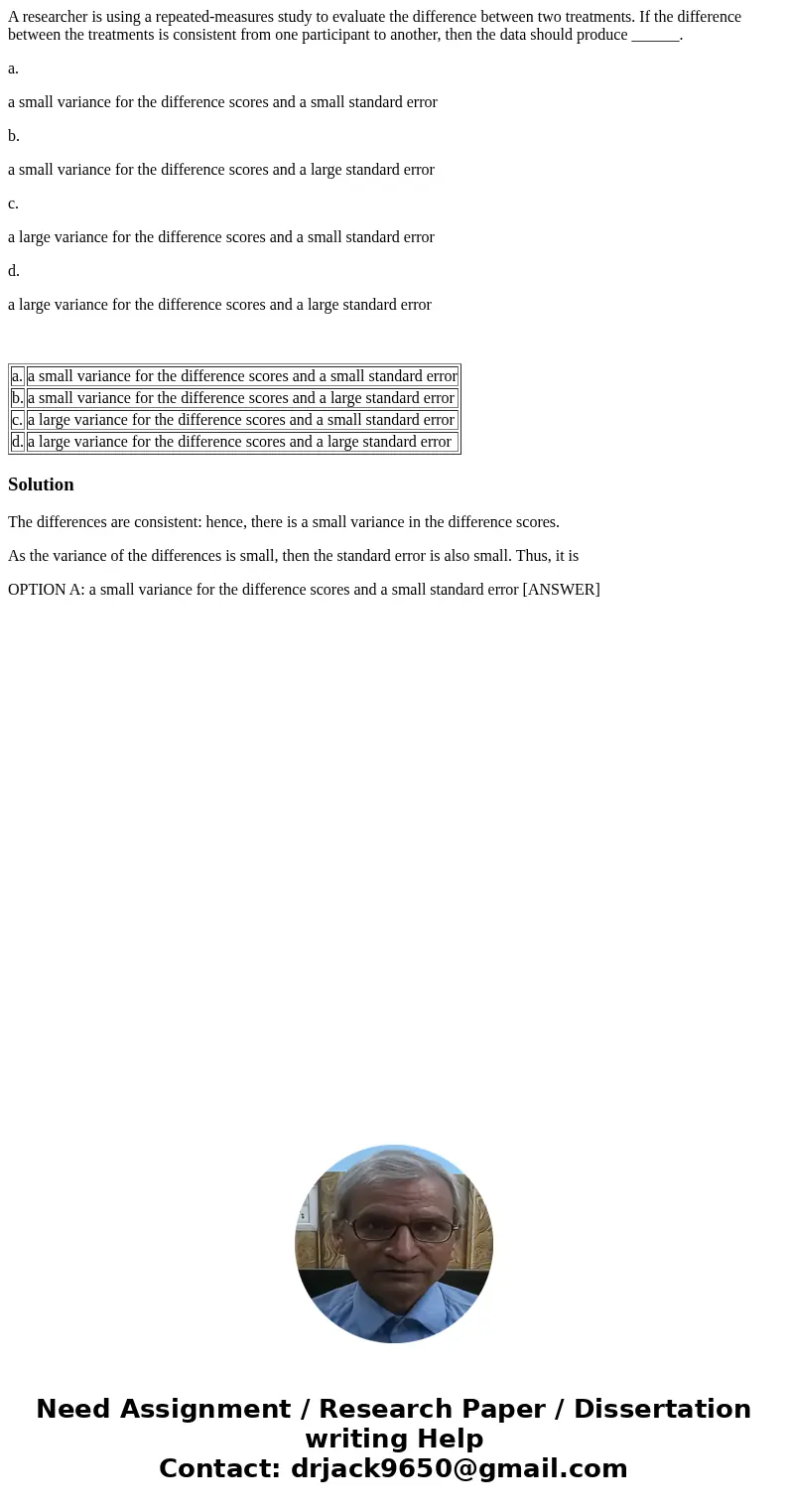 A researcher is using a repeated-measures study to evaluate the difference between two treatments. If the difference between the treatments is consistent from o A researcher is using a repeated-measures study to evaluate the difference between two treatments. If the difference between the treatments is consistent from o