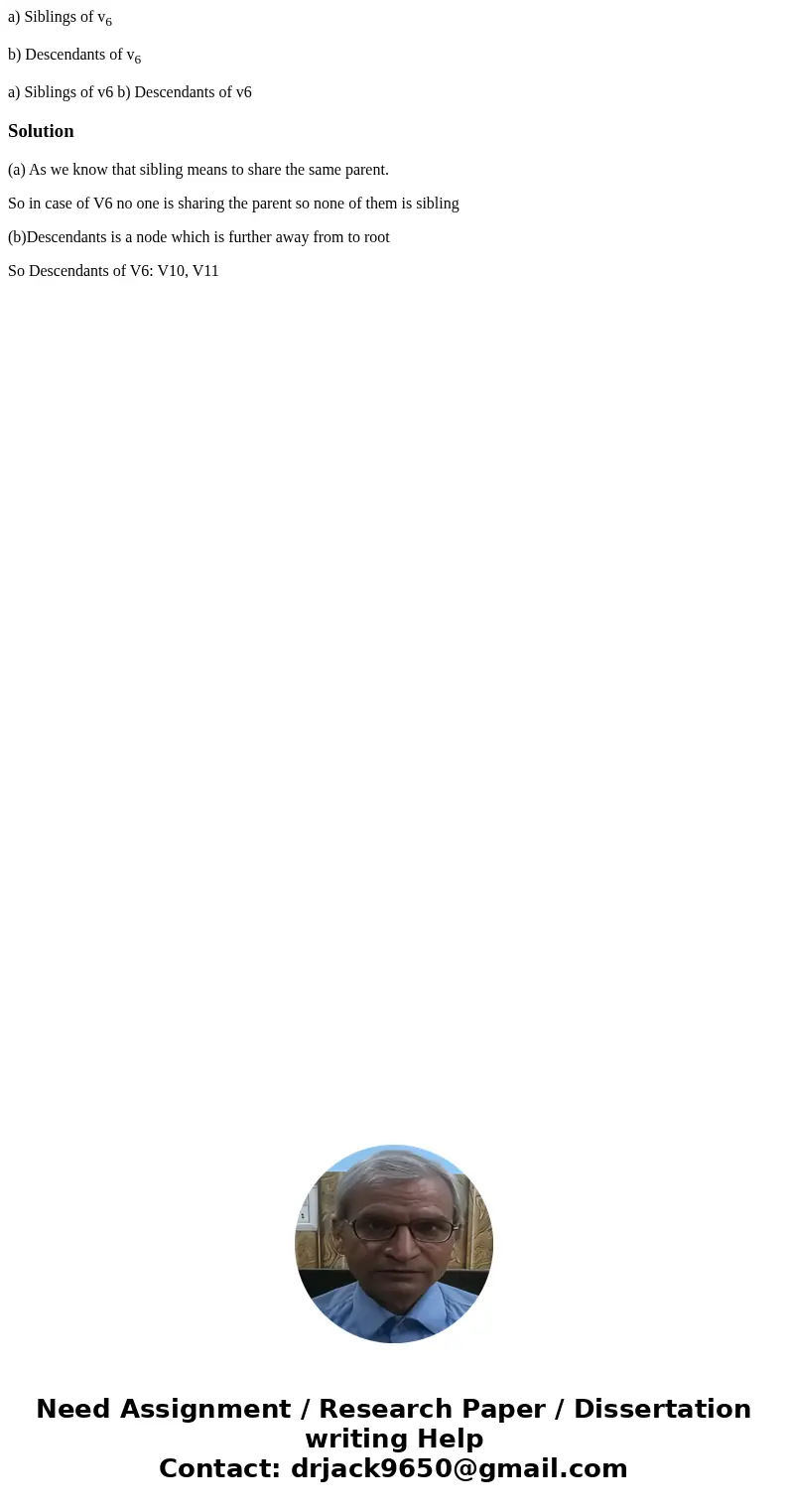 a) Siblings of v6 b) Descendants of v6 a) Siblings of v6 b) Descendants of v6 Solution(a) As we know that sibling means to share the same parent. So in case of  a) Siblings of v6 b) Descendants of v6 a) Siblings of v6 b) Descendants of v6 Solution(a) As we know that sibling means to share the same parent. So in case of