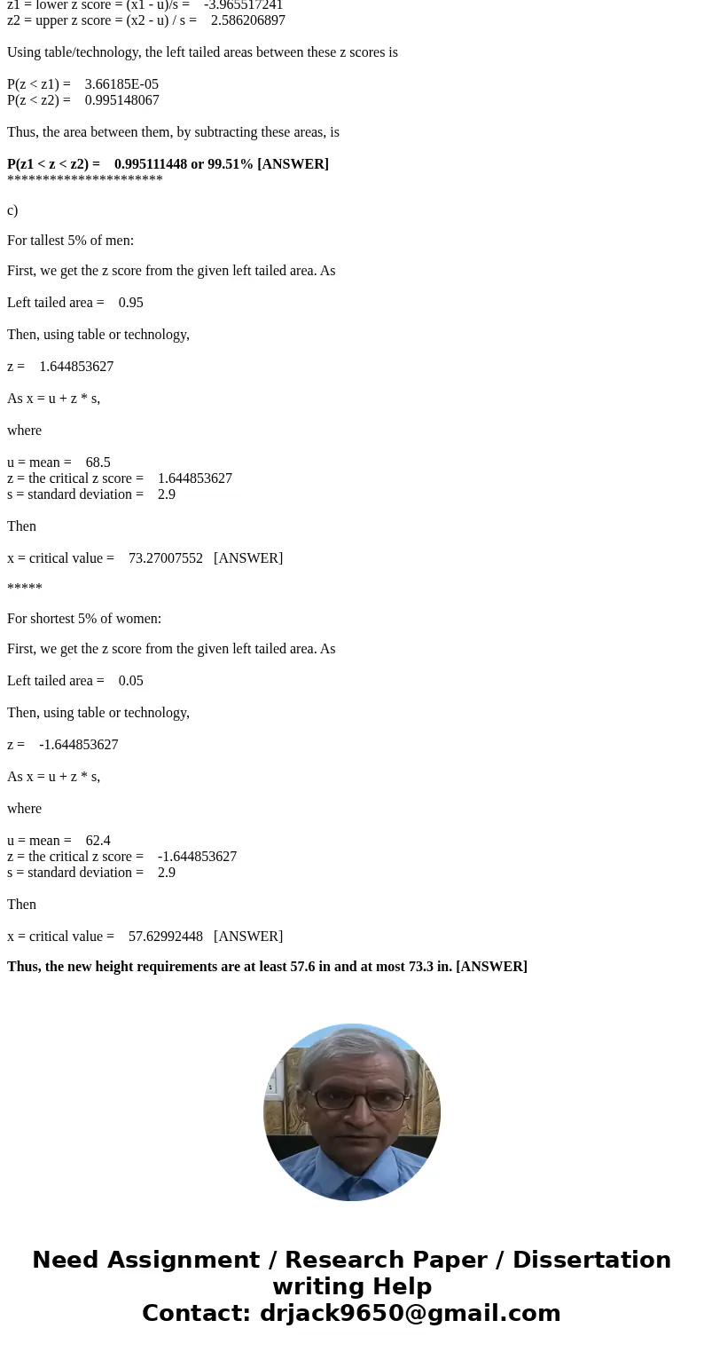 A survey found that women\'s heights are normally distributed with mean 62.4in. and standard deviation 2.9 in. The survey also found that men\'s heights are nor A survey found that women\'s heights are normally distributed with mean 62.4in. and standard deviation 2.9 in. The survey also found that men\'s heights are nor