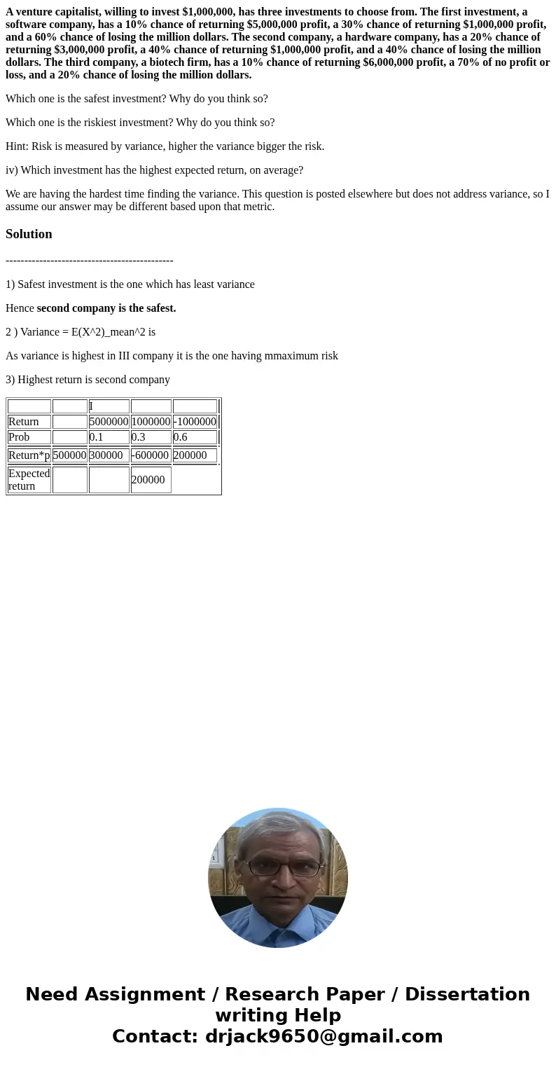 A venture capitalist, willing to invest $1,000,000, has three investments to choose from. The first investment, a software company, has a 10% chance of returnin