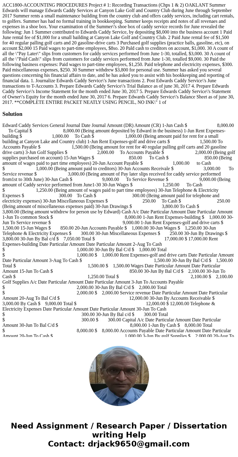  ACC1800-ACCOUNTING PROCEDURES Project # 1: Recording Transactions (Chps 1 & 2) OAKLANT Summer Edwards will manage Edwards Caddy Services at Canyon Lake Gol