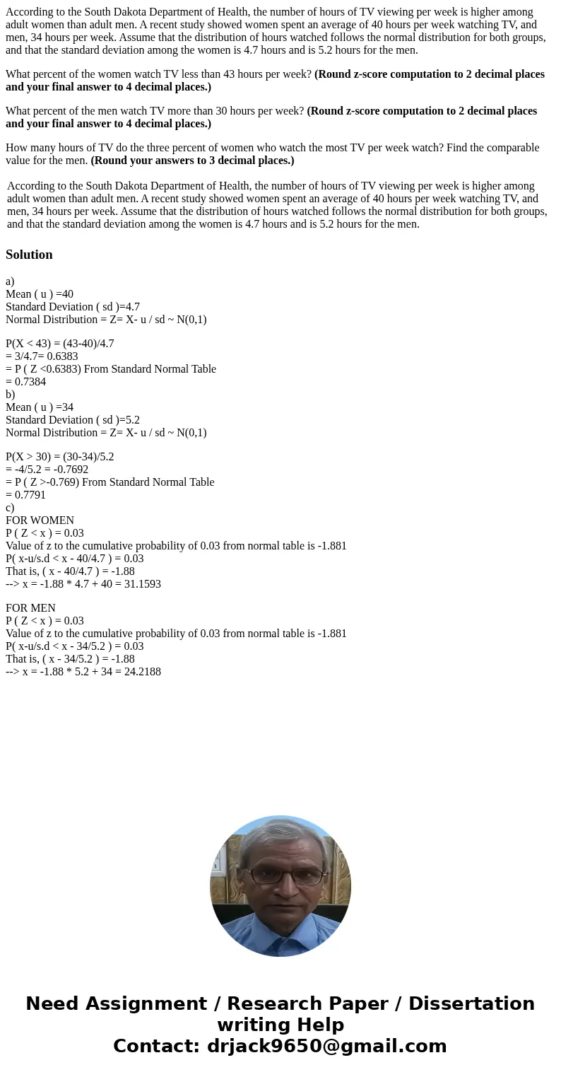 According to the South Dakota Department of Health, the number of hours of TV viewing per week is higher among adult women than adult men. A recent study showed According to the South Dakota Department of Health, the number of hours of TV viewing per week is higher among adult women than adult men. A recent study showed