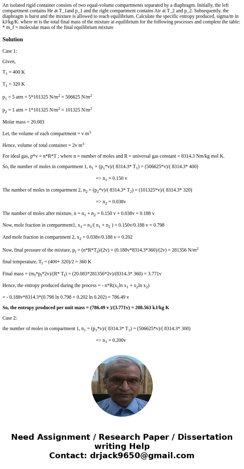 An isolated rigid container consists of two equal-volume compartments separated by a diaphragm. Initially, the left compartment contains He at T_1and p_1 and t  An isolated rigid container consists of two equal-volume compartments separated by a diaphragm. Initially, the left compartment contains He at T_1and p_1 and t