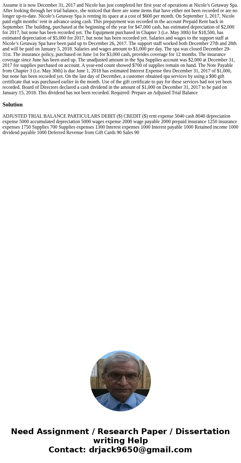 Assume it is now December 31, 2017 and Nicole has just completed her first year of operations at Nicole’s Getaway Spa. After looking through her trial balance,  Assume it is now December 31, 2017 and Nicole has just completed her first year of operations at Nicole’s Getaway Spa. After looking through her trial balance,