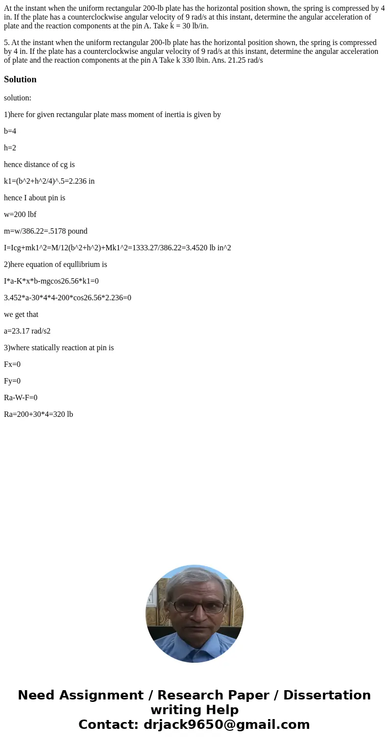 At the instant when the uniform rectangular 200-lb plate has the horizontal position shown, the spring is compressed by 4 in. If the plate has a counterclockwis At the instant when the uniform rectangular 200-lb plate has the horizontal position shown, the spring is compressed by 4 in. If the plate has a counterclockwis