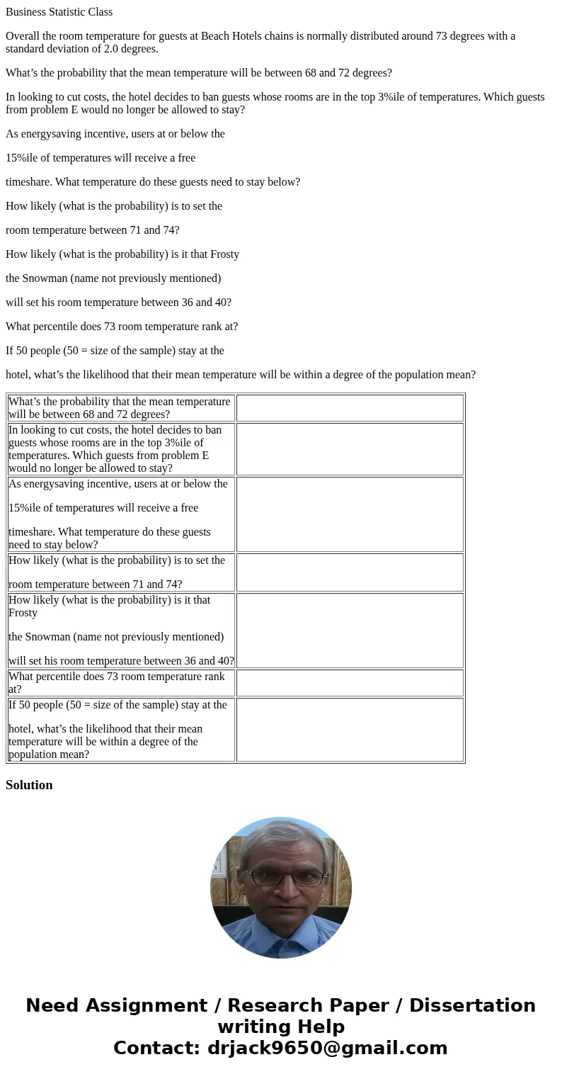 Business Statistic Class Overall the room temperature for guests at Beach Hotels chains is normally distributed around 73 degrees with a standard deviation of 2 Business Statistic Class Overall the room temperature for guests at Beach Hotels chains is normally distributed around 73 degrees with a standard deviation of 2