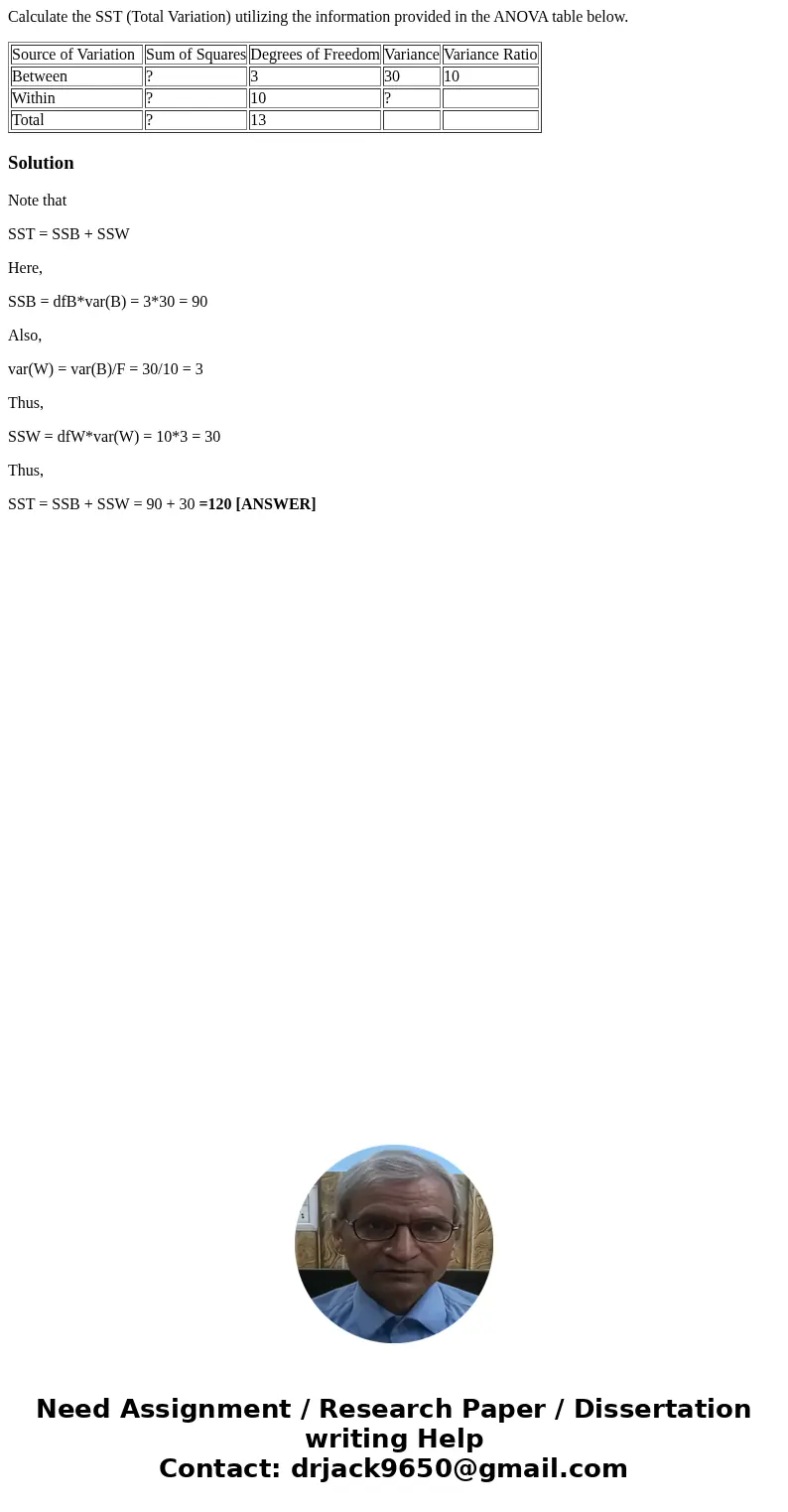 Calculate the SST (Total Variation) utilizing the information provided in the ANOVA table below. Source of Variation Sum of Squares Degrees of Freedom Variance  Calculate the SST (Total Variation) utilizing the information provided in the ANOVA table below. Source of Variation Sum of Squares Degrees of Freedom Variance