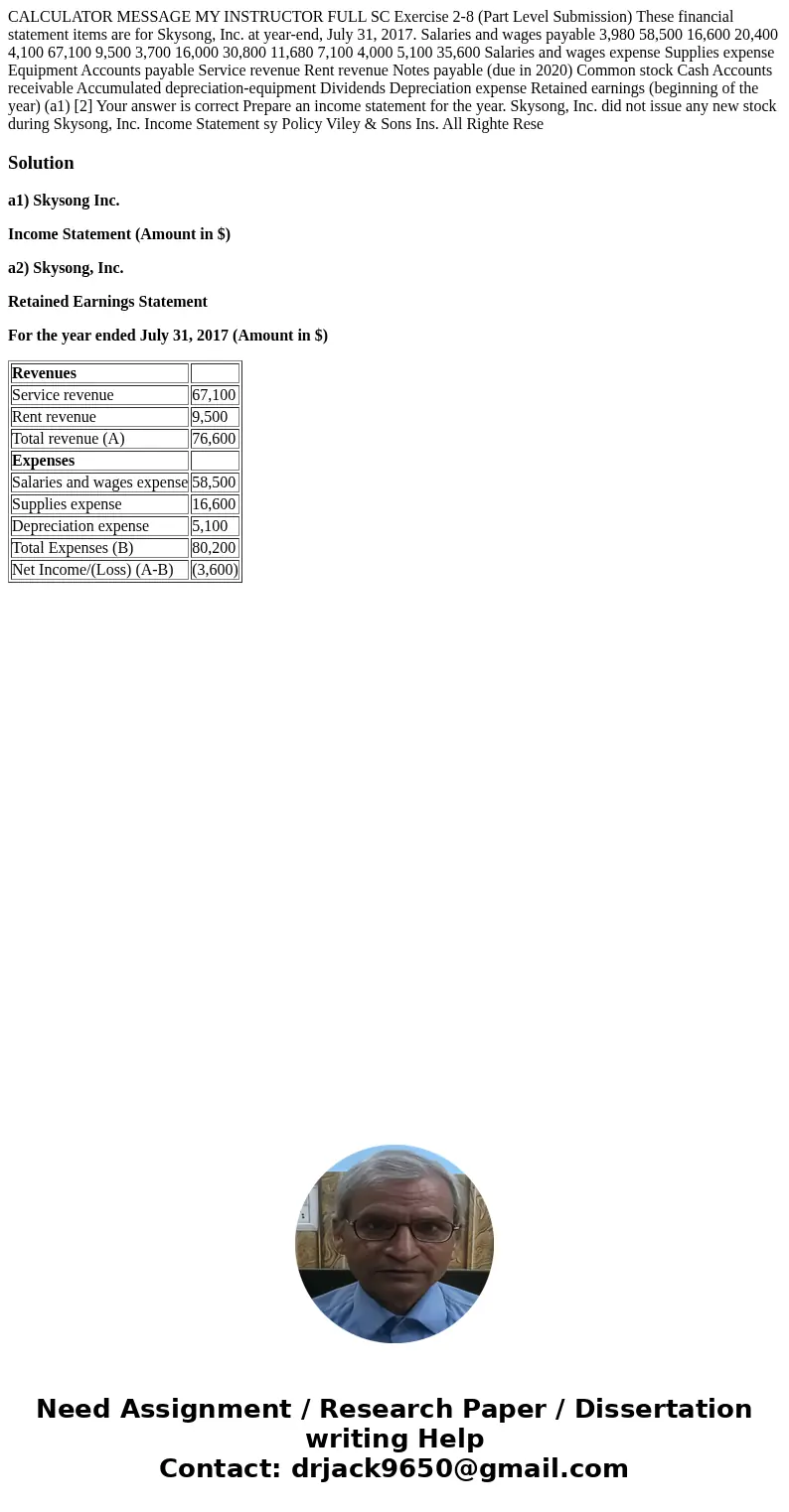 CALCULATOR MESSAGE MY INSTRUCTOR FULL SC Exercise 2-8 (Part Level Submission) These financial statement items are for Skysong, Inc. at year-end, July 31, 2017.  CALCULATOR MESSAGE MY INSTRUCTOR FULL SC Exercise 2-8 (Part Level Submission) These financial statement items are for Skysong, Inc. at year-end, July 31, 2017.
