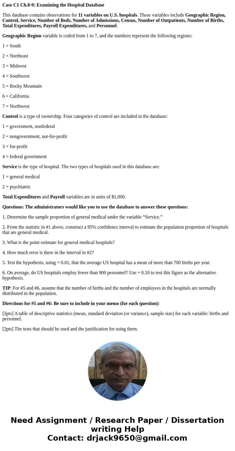 Case C1 Ch.8-9: Examining the Hospital Database This database contains observations for 11 variables on U.S. hospitals. These variables include Geographic Regio Case C1 Ch.8-9: Examining the Hospital Database This database contains observations for 11 variables on U.S. hospitals. These variables include Geographic Regio