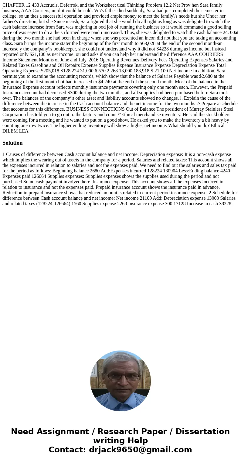 CHAPTER 12 433 Accruols, Deferrok, and the Worksheet tical Thinking Problem 12.2 Net Prov hen Sara family business, AAA Couriers, until it could be sold. Vu\'s  CHAPTER 12 433 Accruols, Deferrok, and the Worksheet tical Thinking Problem 12.2 Net Prov hen Sara family business, AAA Couriers, until it could be sold. Vu\'s