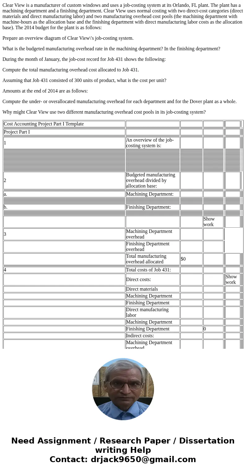 Clear View is a manufacturer of custom windows and uses a job-costing system at its Orlando, FL plant. The plant has a machining department and a finishing depa