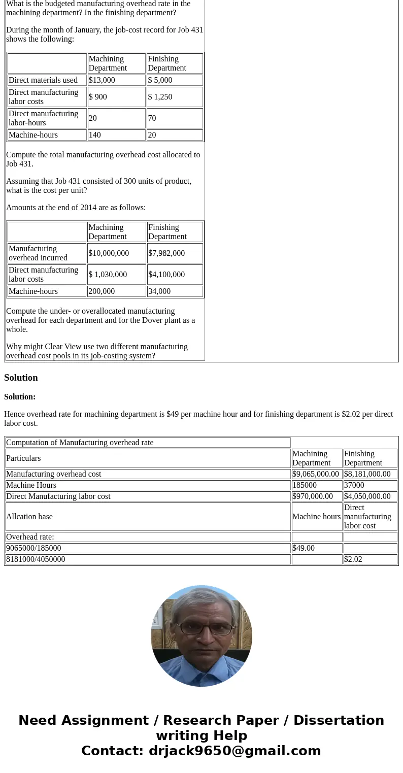 Clear View is a manufacturer of custom windows and uses a job-costing system at its Orlando, FL plant. The plant has a machining department and a finishing depa