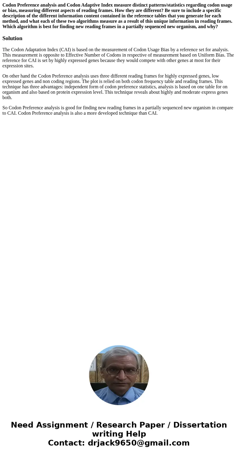 Codon Preference analysis and Codon Adaptive Index measure distinct patterns/statistics regarding codon usage or bias, measuring different aspects of reading fr Codon Preference analysis and Codon Adaptive Index measure distinct patterns/statistics regarding codon usage or bias, measuring different aspects of reading fr