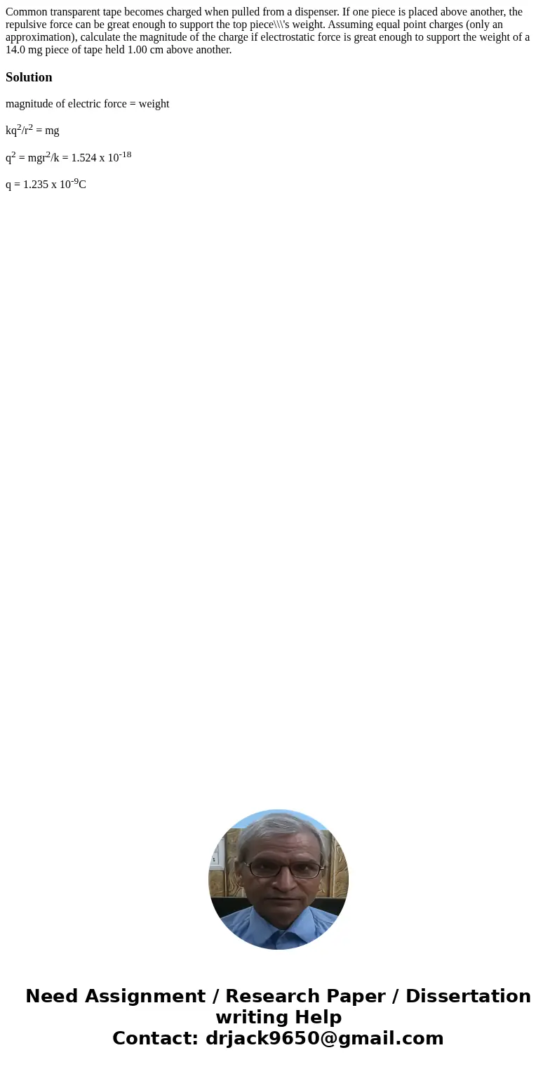 Common transparent tape becomes charged when pulled from a dispenser. If one piece is placed above another, the repulsive force can be great enough to support t Common transparent tape becomes charged when pulled from a dispenser. If one piece is placed above another, the repulsive force can be great enough to support t