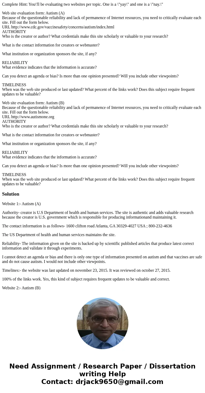 Complete Hint: You\'ll be evaluating two websites per topic. One is a \ Complete Hint: You\'ll be evaluating two websites per topic. One is a \