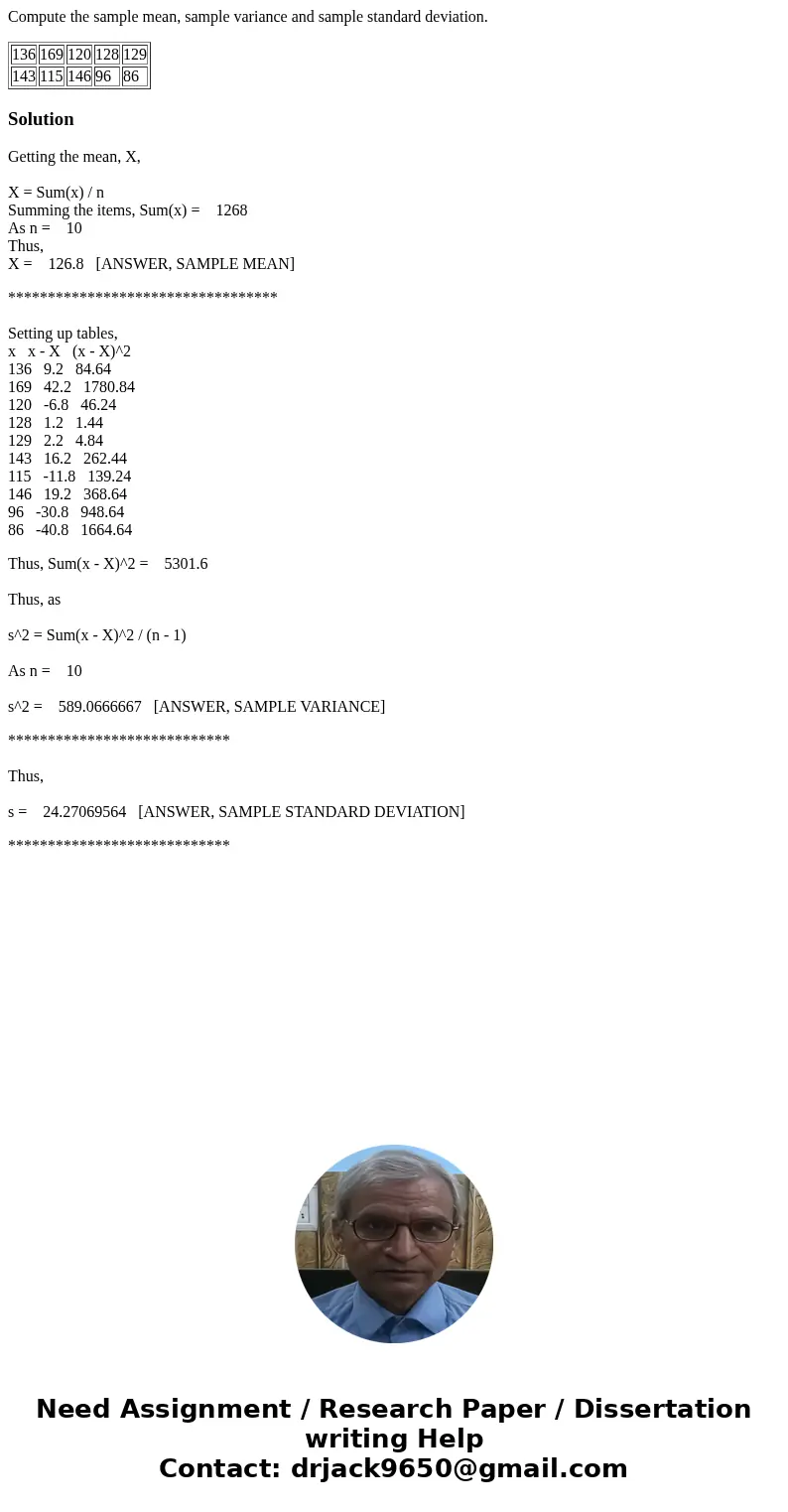 Compute the sample mean, sample variance and sample standard deviation. 136 169 120 128 129 143 115 146 96 86 SolutionGetting the mean, X, X = Sum(x) / n Summin Compute the sample mean, sample variance and sample standard deviation. 136 169 120 128 129 143 115 146 96 86 SolutionGetting the mean, X, X = Sum(x) / n Summin