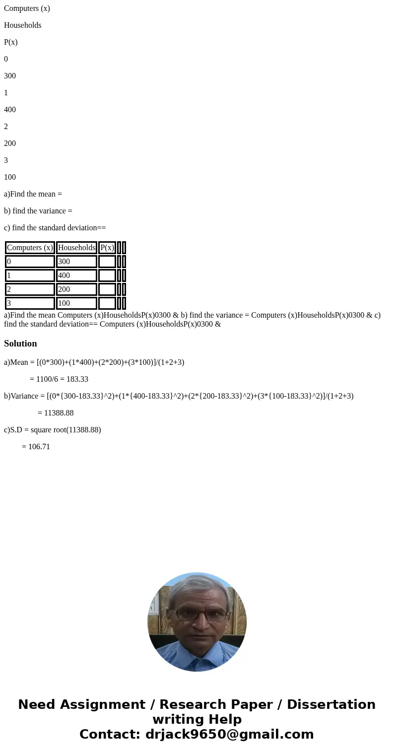Computers (x) Households P(x) 0 300 1 400 2 200 3 100 a)Find the mean = b) find the variance = c) find the standard deviation== Computers (x) Households P(x) 0  Computers (x) Households P(x) 0 300 1 400 2 200 3 100 a)Find the mean = b) find the variance = c) find the standard deviation== Computers (x) Households P(x) 0