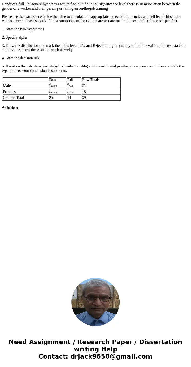 Conduct a full Chi-square hypothesis test to find out if at a 5% significance level there is an association between the gender of a worker and their passing or  Conduct a full Chi-square hypothesis test to find out if at a 5% significance level there is an association between the gender of a worker and their passing or