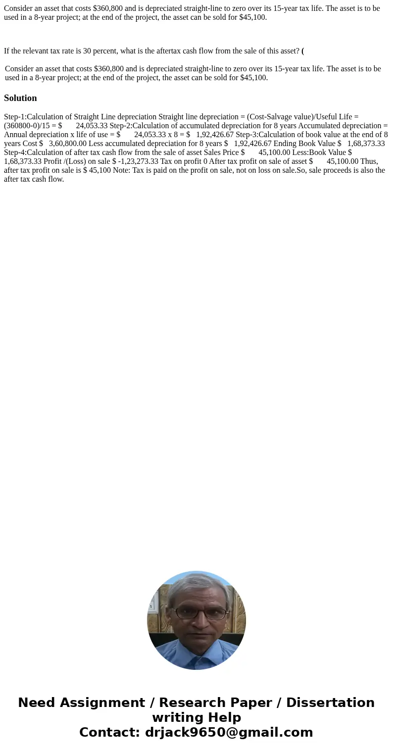 Consider an asset that costs $360,800 and is depreciated straight-line to zero over its 15-year tax life. The asset is to be used in a 8-year project; at the en Consider an asset that costs $360,800 and is depreciated straight-line to zero over its 15-year tax life. The asset is to be used in a 8-year project; at the en