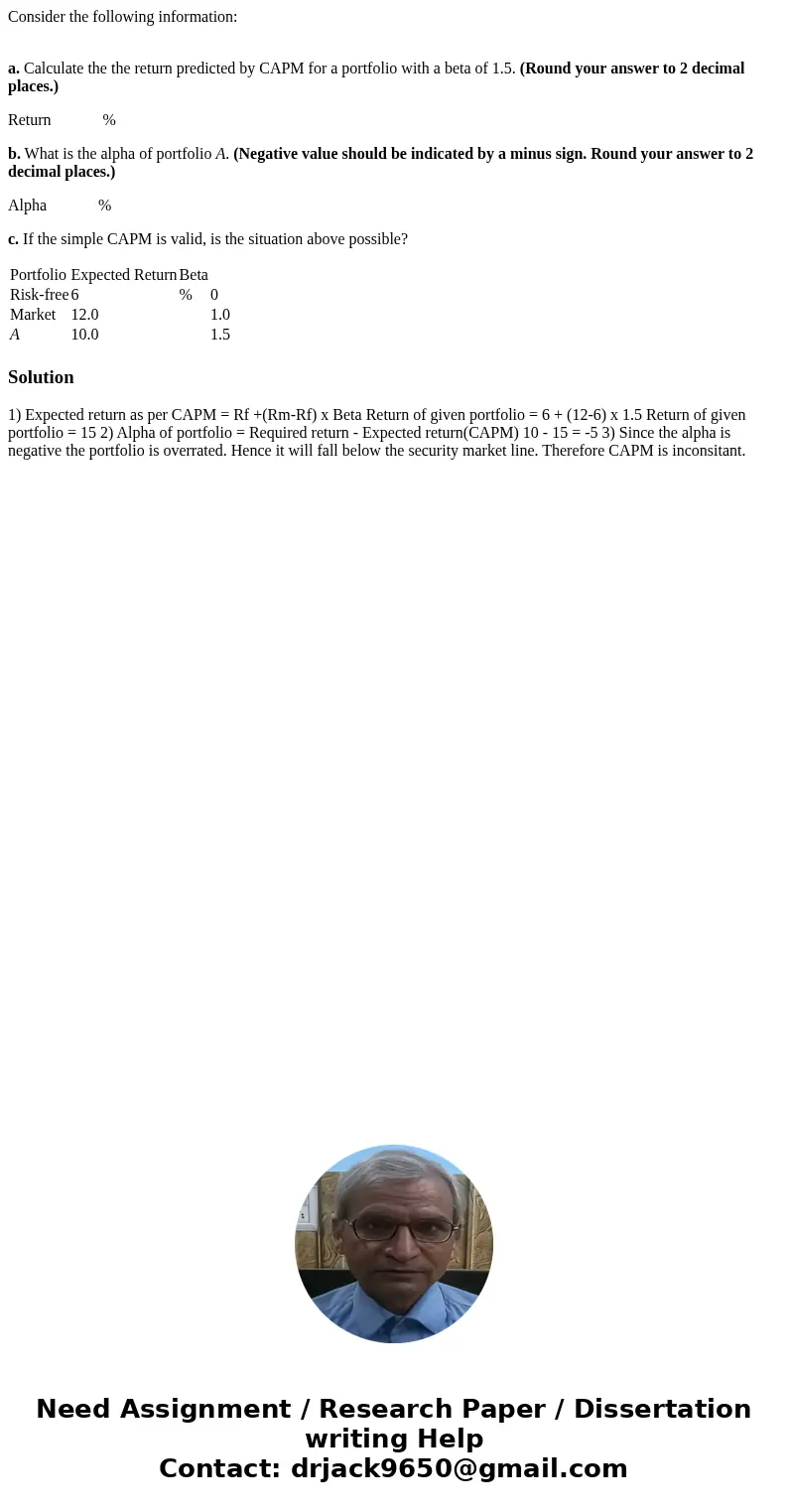 Consider the following information: a. Calculate the the return predicted by CAPM for a portfolio with a beta of 1.5. (Round your answer to 2 decimal places.) R