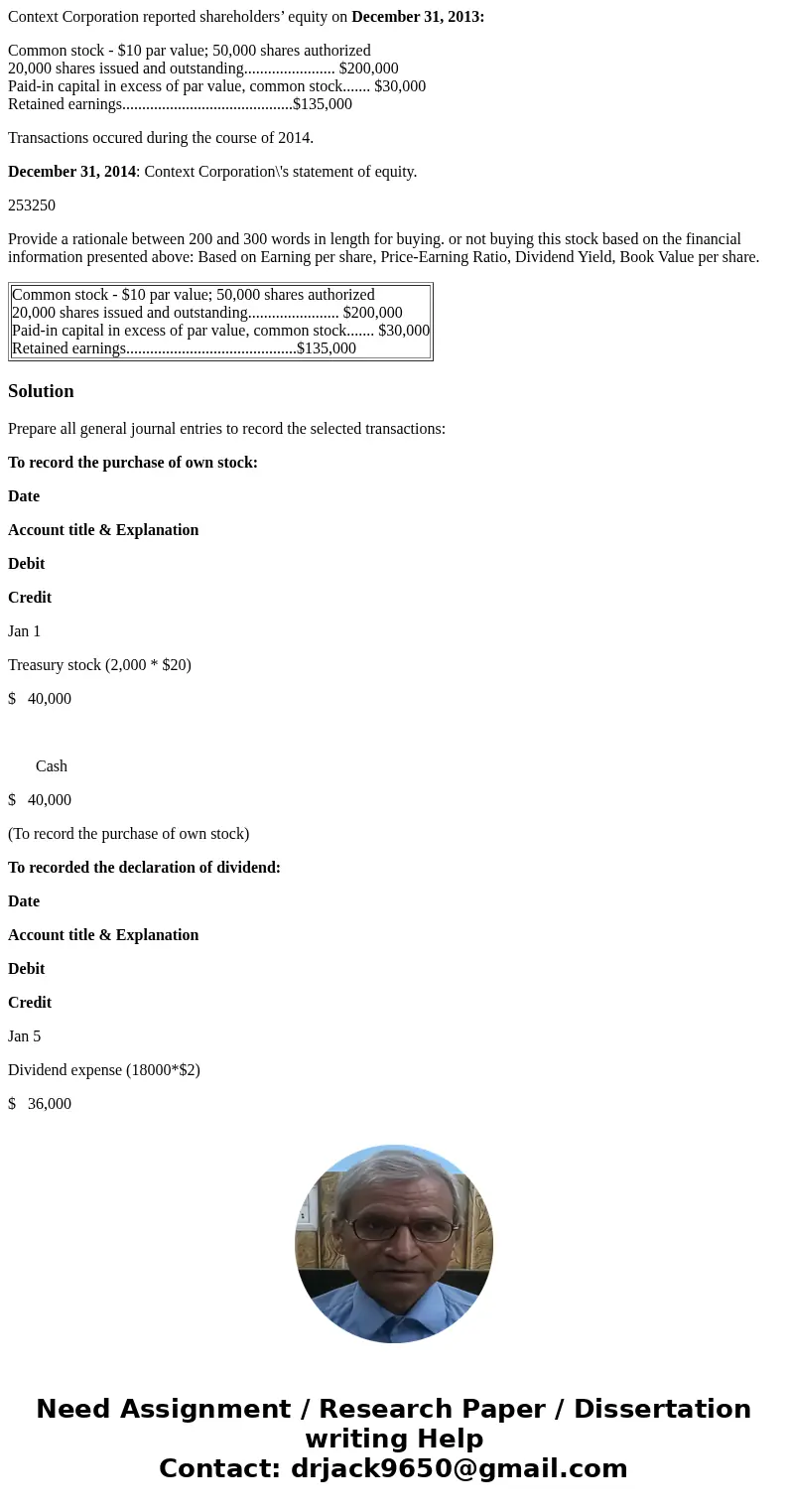 Context Corporation reported shareholders’ equity on December 31, 2013: Common stock - $10 par value; 50,000 shares authorized 20,000 shares issued and outstand Context Corporation reported shareholders’ equity on December 31, 2013: Common stock - $10 par value; 50,000 shares authorized 20,000 shares issued and outstand
