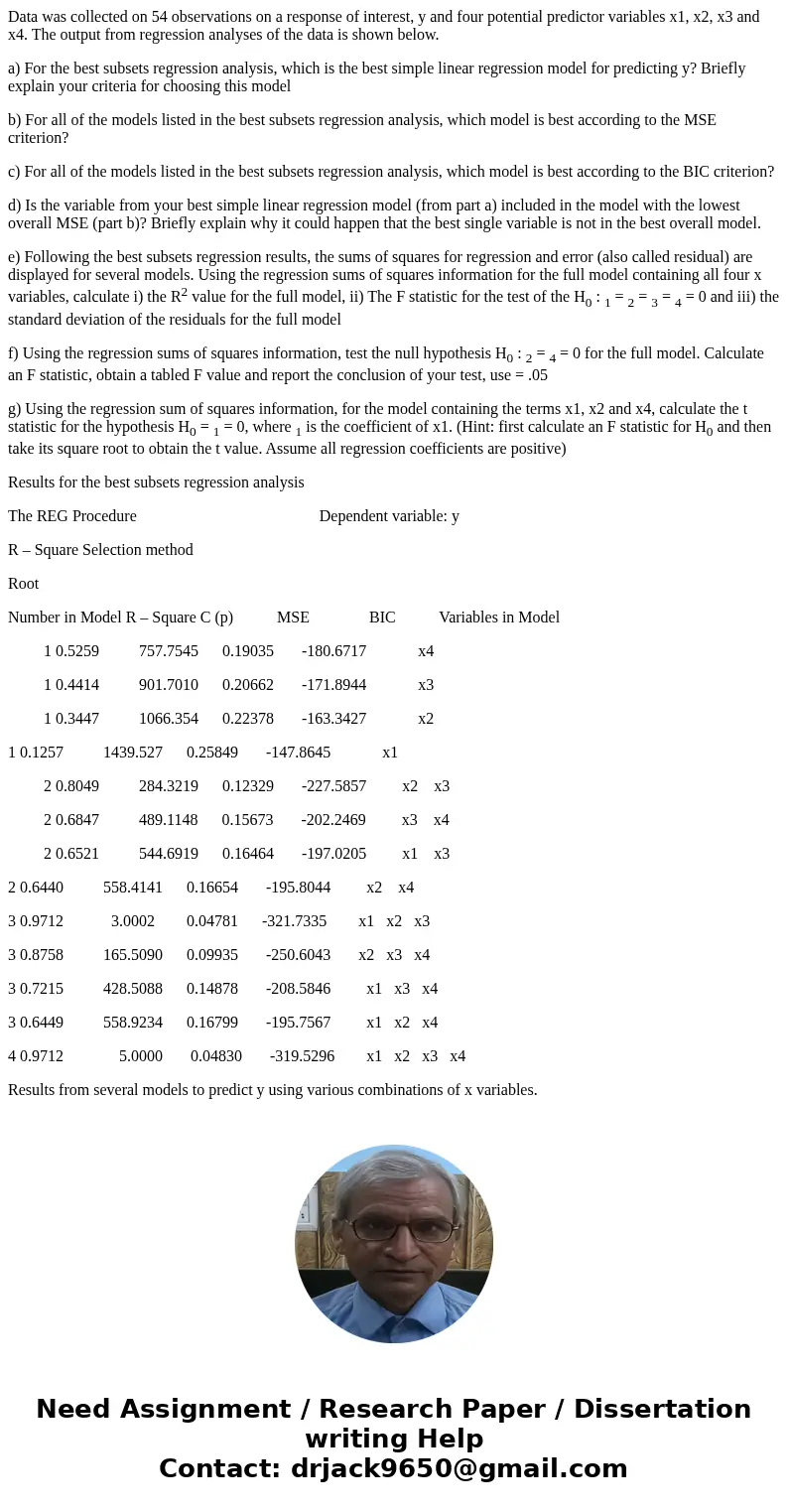 Data was collected on 54 observations on a response of interest, y and four potential predictor variables x1, x2, x3 and x4. The output from regression analyses Data was collected on 54 observations on a response of interest, y and four potential predictor variables x1, x2, x3 and x4. The output from regression analyses