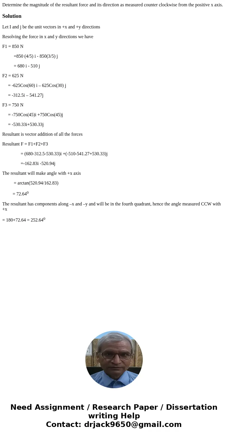 Determine the magnitude of the resultant force and its direction as measured counter clockwise from the positive x axis. SolutionLet I and j be the unit vector  Determine the magnitude of the resultant force and its direction as measured counter clockwise from the positive x axis. SolutionLet I and j be the unit vector