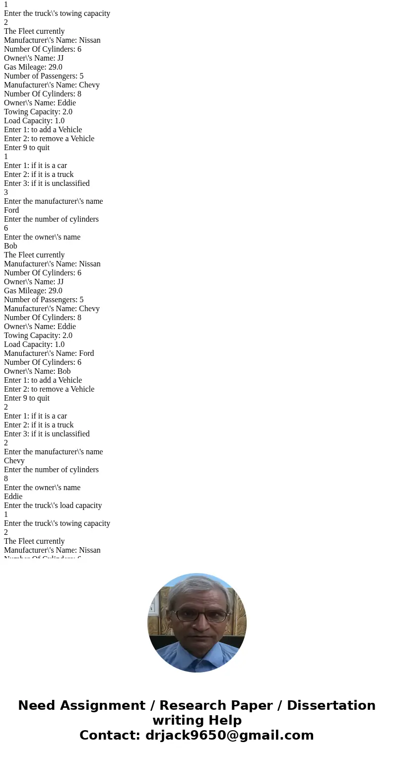  Driver: import java.util.Scanner; //A class that keeps a fleet of different types of vehicles public class FleetOfVehicles { //An array of vehicles private Veh