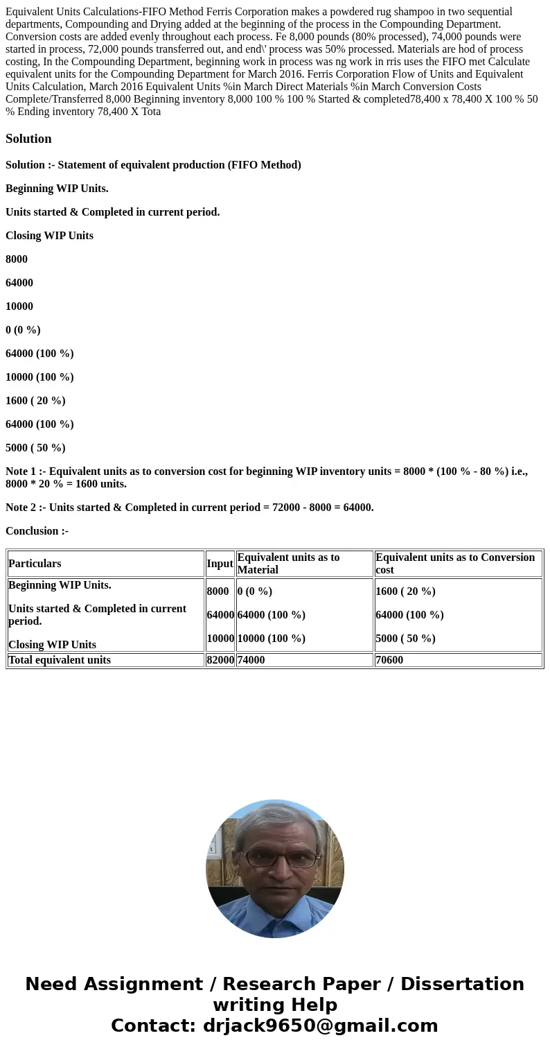 Equivalent Units Calculations-FIFO Method Ferris Corporation makes a powdered rug shampoo in two sequential departments, Compounding and Drying added at the be  Equivalent Units Calculations-FIFO Method Ferris Corporation makes a powdered rug shampoo in two sequential departments, Compounding and Drying added at the be